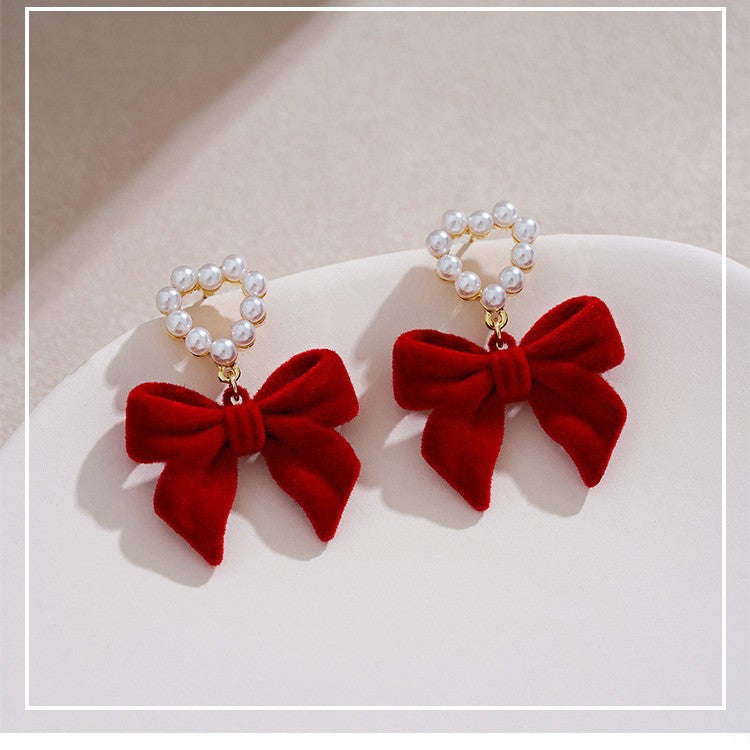 Wine-Red Flocked Bow Earrings For Women
