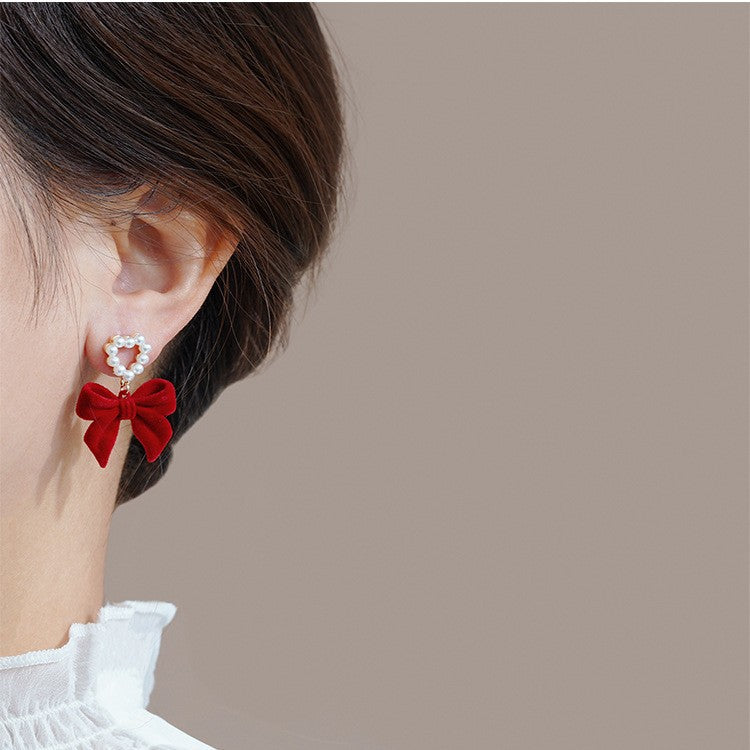 Wine-Red Flocked Bow Earrings For Women