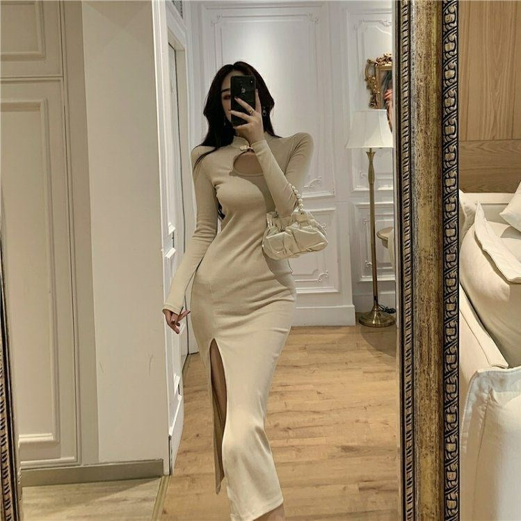 Womens Retro Hollowed-Out Defined-Waist Slit Base Long-Sleeve Dress