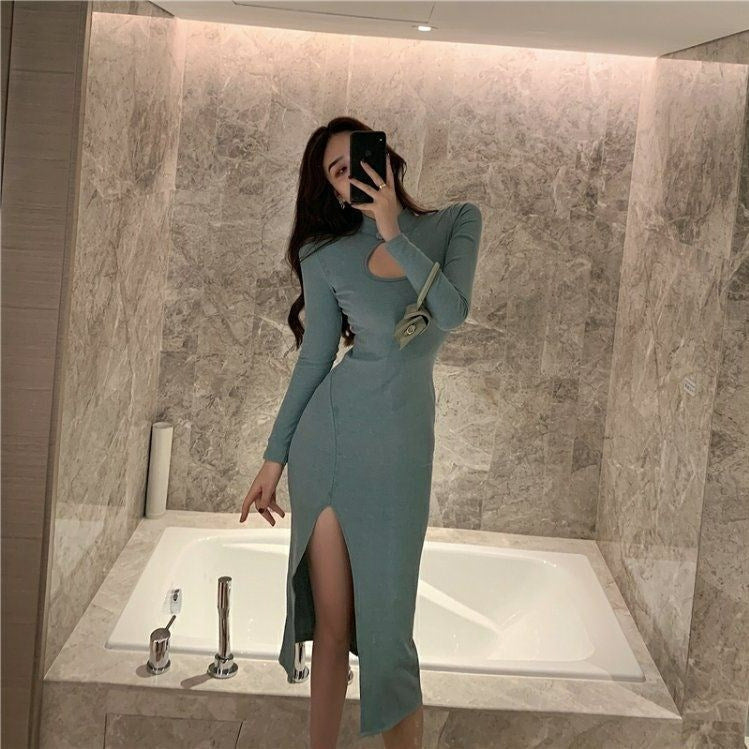 Womens Retro Hollowed-Out Defined-Waist Slit Base Long-Sleeve Dress