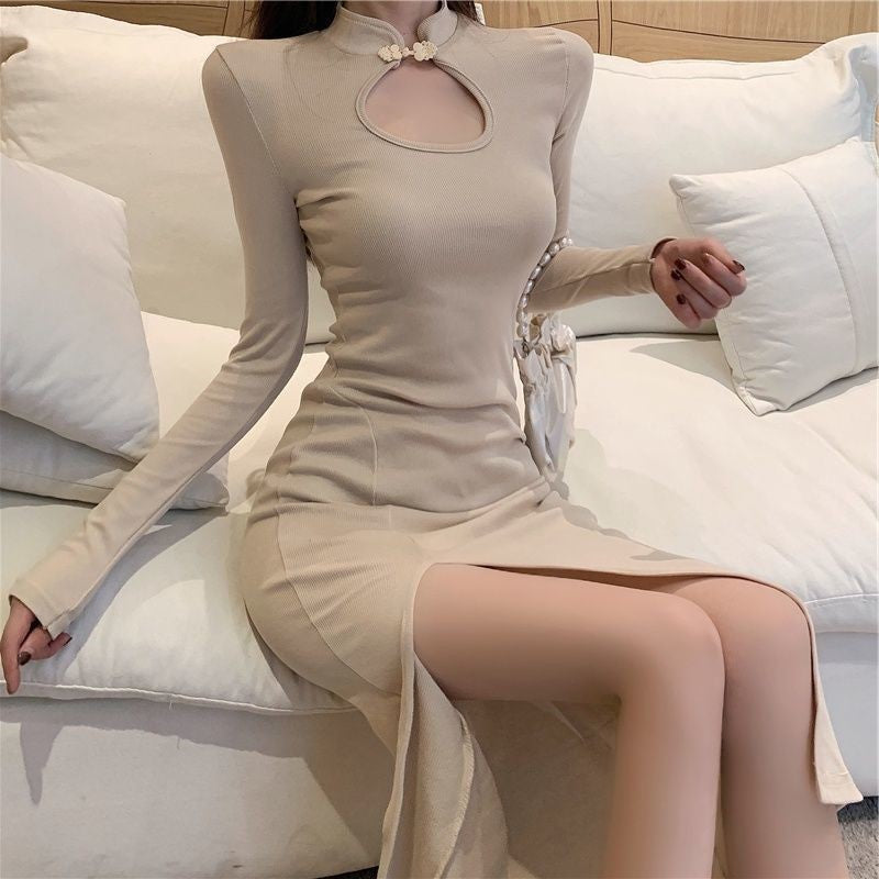 Womens Retro Hollowed-Out Defined-Waist Slit Base Long-Sleeve Dress