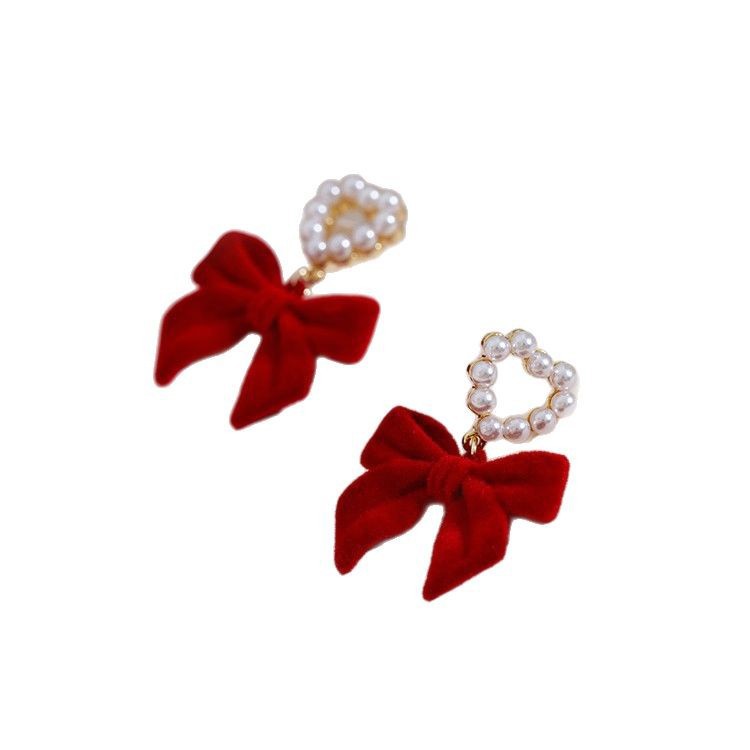 Wine-Red Flocked Bow Earrings For Women