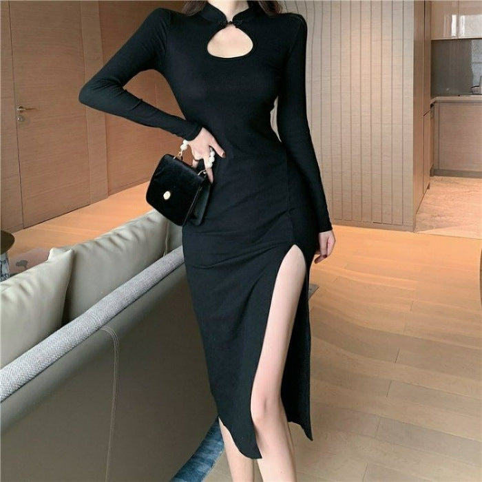 Womens Retro Hollowed-Out Defined-Waist Slit Base Long-Sleeve Dress