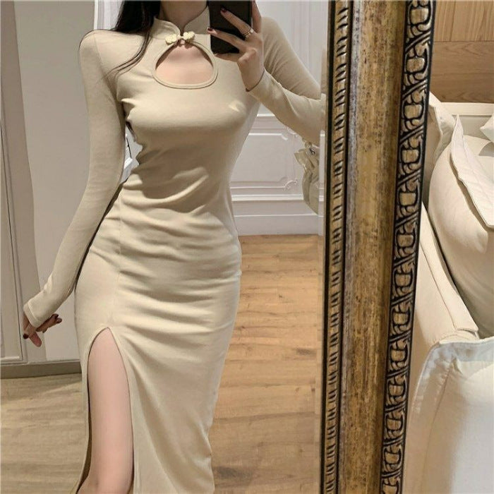Womens Retro Hollowed-Out Defined-Waist Slit Base Long-Sleeve Dress